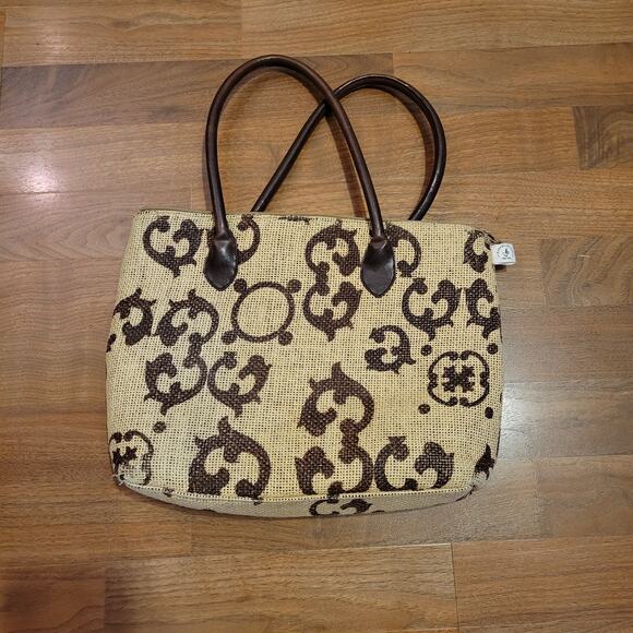 Beige Brown Woven Canvas Recycled Over The Shoulder Hand Bag - Picture 3 of 6